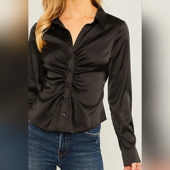 Long Sleeve Satin Button Down Ruched Blouse Dress Shirt Black Various Sizes - Picture 4 of 9